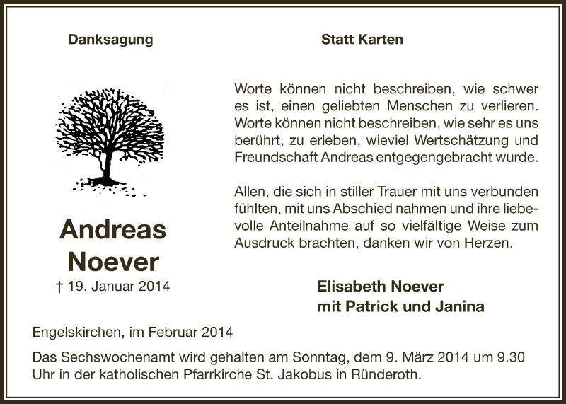  Traueranzeige für Andreas Noever vom 26.02.2014 aus  Anzeigen Echo 