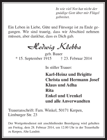 Anzeige von Hedwig Klebba von  Werbepost 