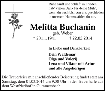 Anzeige von Melitta Buchanin von  Anzeigen Echo 