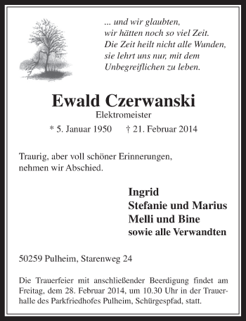 Anzeige von Ewald Czerwanski von  Wochenende 