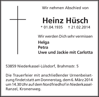 Anzeige von Heinz Hüsch von  Kölner Wochenspiegel  Extra Blatt 