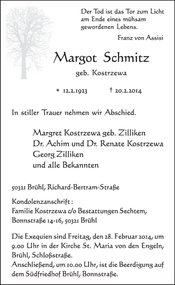 Anzeige von Margot Schmitz von  Schlossbote/Werbekurier 