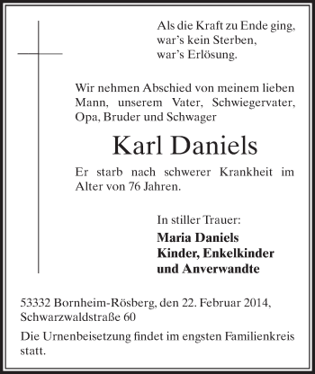Anzeige von Karl Daniels von  Schlossbote/Werbekurier 