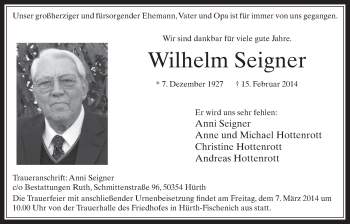 Anzeige von Wilhelm Seigner von  Wochenende 