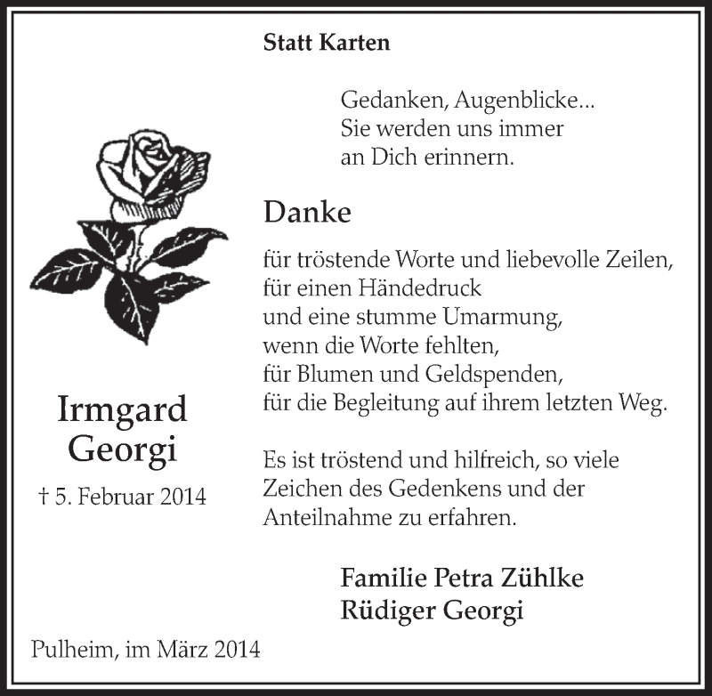  Traueranzeige für Irmgard Georgi vom 01.03.2014 aus  Sonntags-Post 