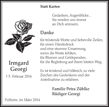 Anzeige von Irmgard Georgi von  Sonntags-Post 