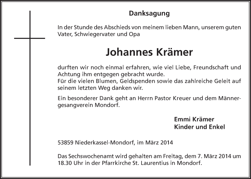  Traueranzeige für Johannes Krämer vom 05.03.2014 aus  Extra Blatt 