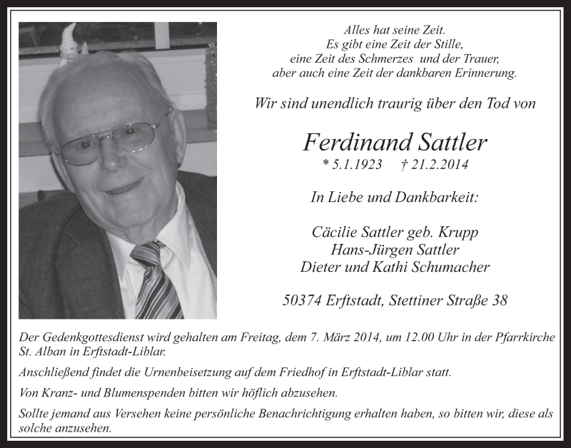  Traueranzeige für Ferdinand Sattler vom 26.02.2014 aus  Werbepost 