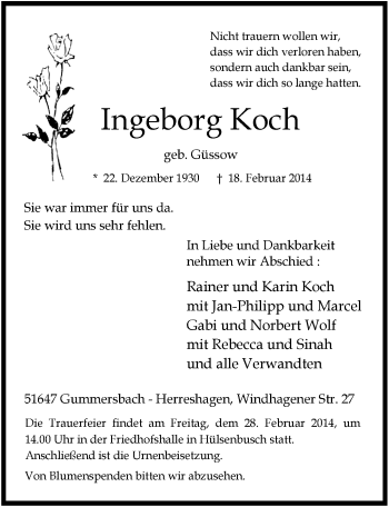 Anzeige von Ingeborg Koch von  Anzeigen Echo 
