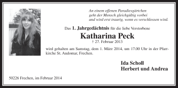 Anzeige von Katharina Peck von  Wochenende 