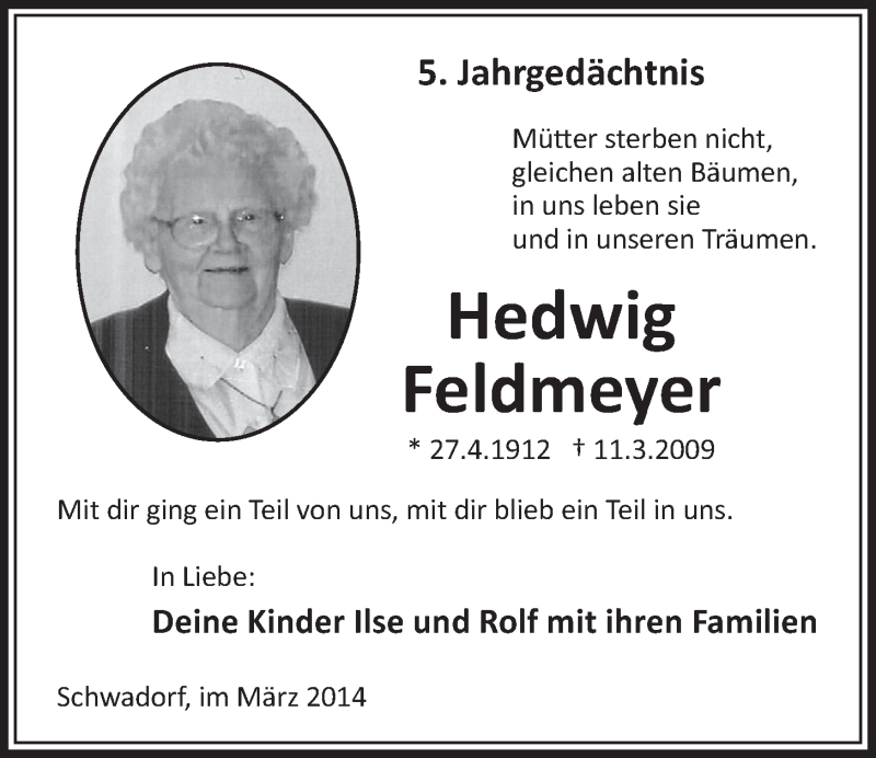  Traueranzeige für Hedwig Feldmeyer vom 05.03.2014 aus  Schlossbote/Werbekurier 