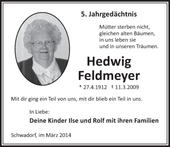 Anzeige von Hedwig Feldmeyer von  Schlossbote/Werbekurier 