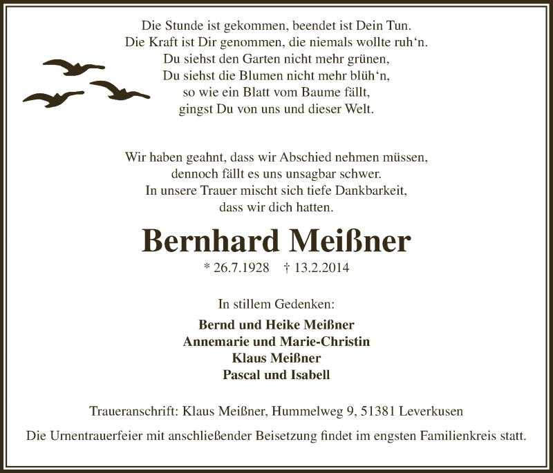 Traueranzeige für Bernhard Meißner vom 01.03.2014 aus  Leverkusener Wochenende 