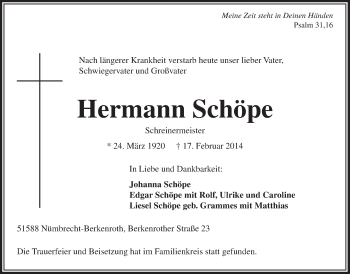 Anzeige von Hermann Schöpe von  Lokalanzeiger 
