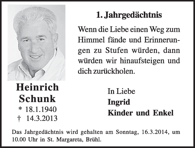  Traueranzeige für Heinrich Schunk vom 05.03.2014 aus  Schlossbote/Werbekurier 