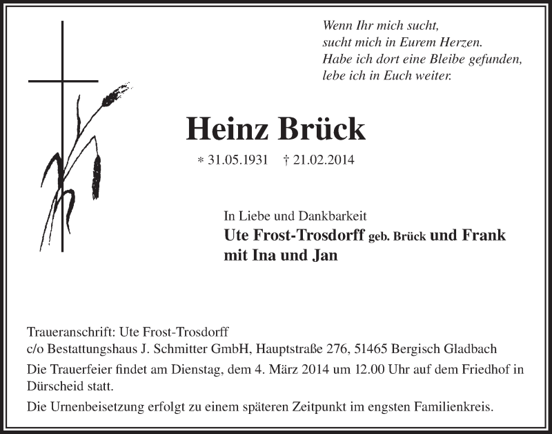  Traueranzeige für Heinz Brück vom 26.02.2014 aus  Bergisches Handelsblatt 
