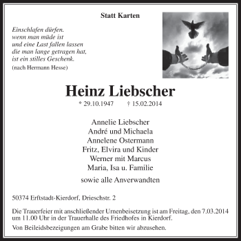 Anzeige von Heinz Liebscher von  Werbepost 