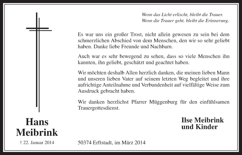  Traueranzeige für Hans Meibrink vom 05.03.2014 aus  Werbepost 