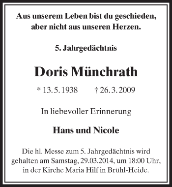 Anzeige von Doris Münchrath von  Schlossbote/Werbekurier 