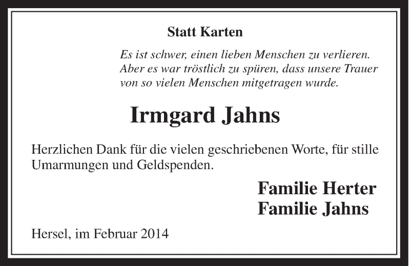  Traueranzeige für Irmgard Jahns vom 05.03.2014 aus  Schaufenster/Blickpunkt 