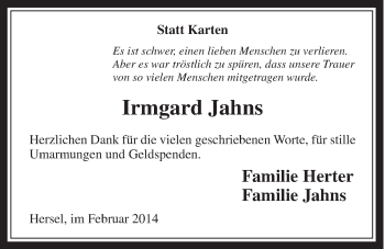 Anzeige von Irmgard Jahns von  Schaufenster/Blickpunkt 
