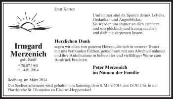 Anzeige von Irmgard Merzenich von  Sonntags-Post 