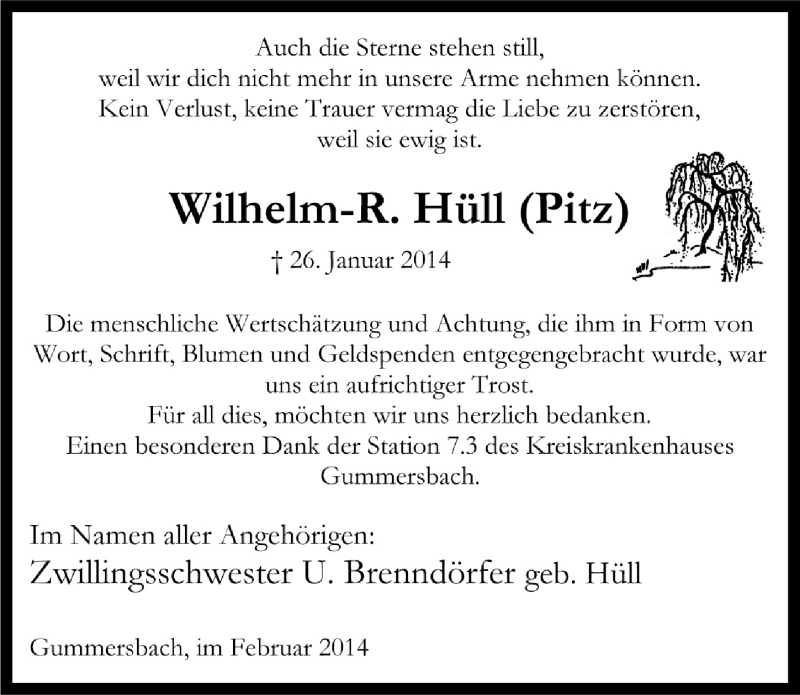  Traueranzeige für Wilhelm Hüll vom 05.03.2014 aus  Anzeigen Echo 