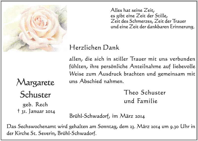  Traueranzeige für Margarete Schuster vom 12.03.2014 aus  Schlossbote/Werbekurier 