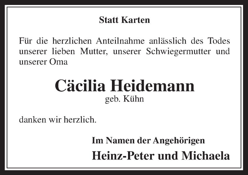  Traueranzeige für Cäcilia Heidemann vom 01.03.2014 aus  Sonntags-Post 