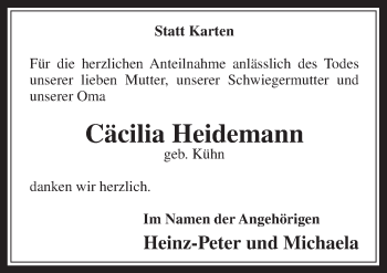 Anzeige von Cäcilia Heidemann von  Sonntags-Post 