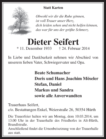 Anzeige von Dieter Seifert von  Wochenende 