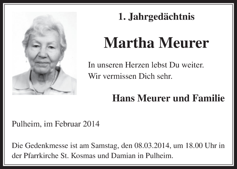  Traueranzeige für Martha Meurer vom 01.03.2014 aus  Sonntags-Post 