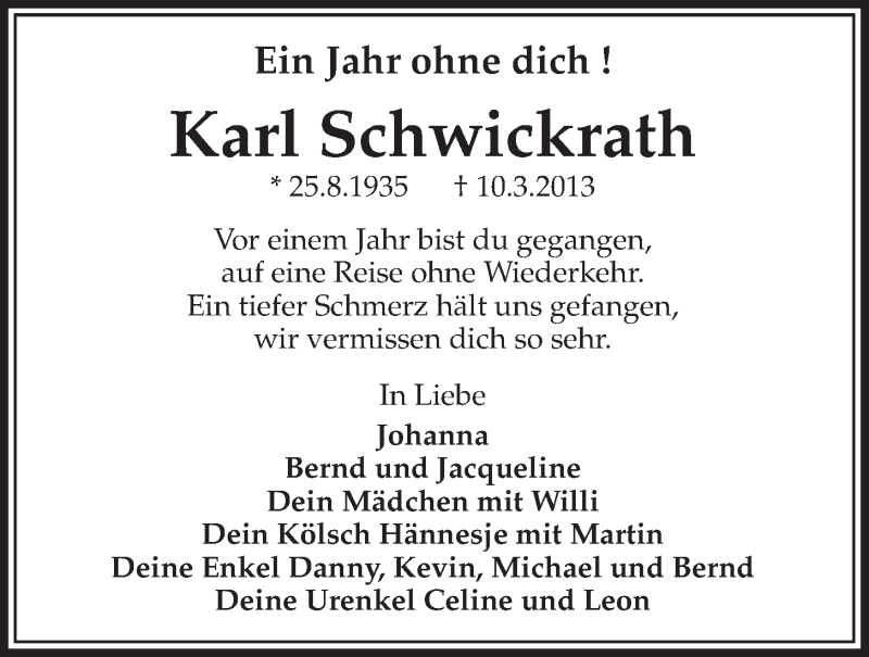  Traueranzeige für Karl Schwickrath vom 05.03.2014 aus  Schlossbote/Werbekurier 