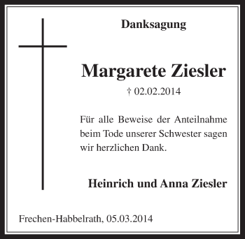 Anzeige von Margarete Ziesler von  Wochenende 