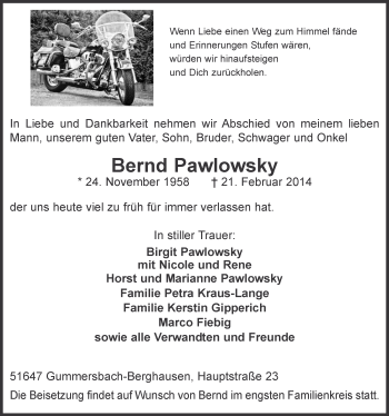 Anzeige von Bernd Pawlowsky von  Anzeigen Echo 