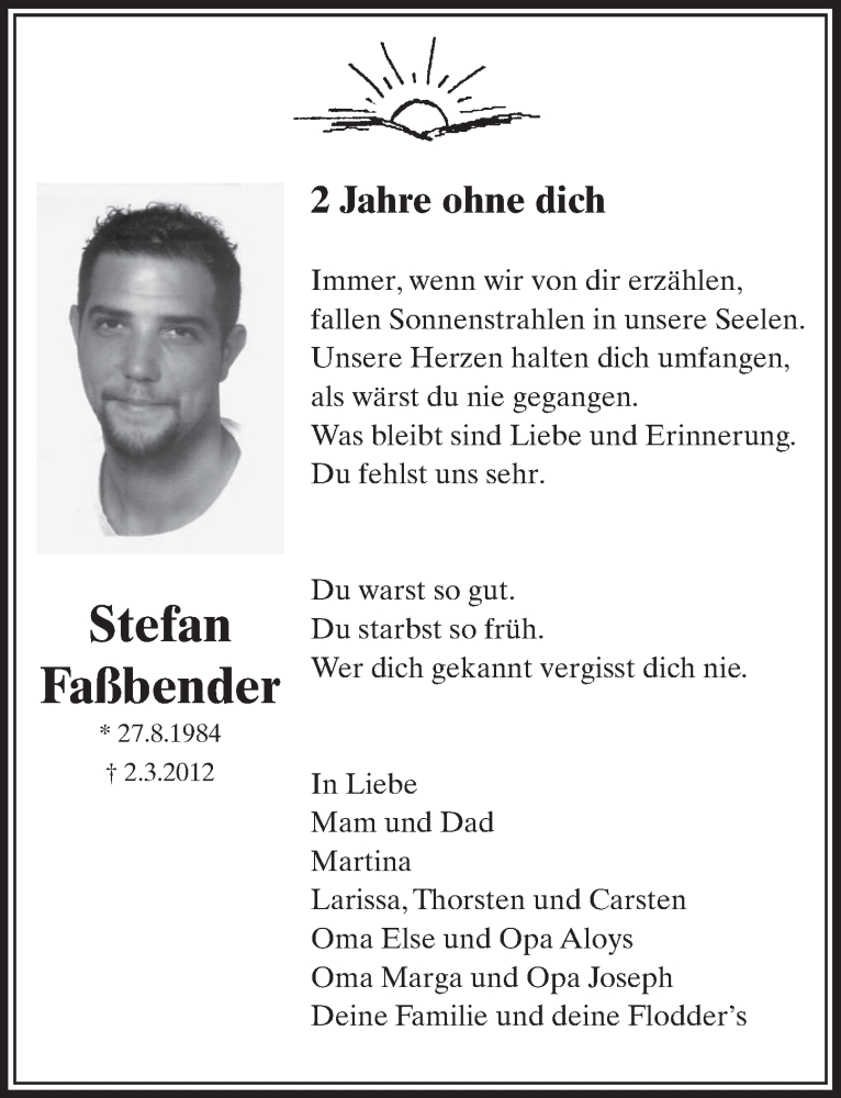  Traueranzeige für Stefan Faßbender vom 01.03.2014 aus  Sonntags-Post 
