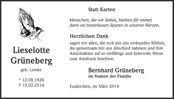 Anzeige von Lieselotte Grüneberg von  Blickpunkt Euskirchen 