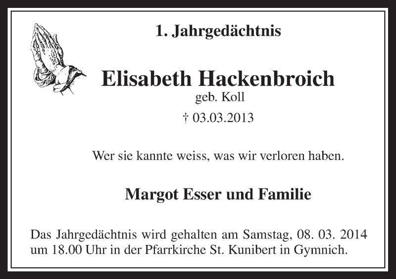  Traueranzeige für Elisabeth Hackenbroich vom 05.03.2014 aus  Werbepost 