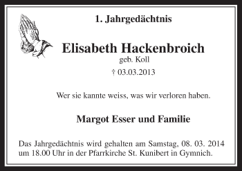 Anzeige von Elisabeth Hackenbroich von  Werbepost 