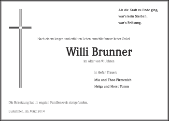 Anzeige von Willi Brunner von  Blickpunkt Euskirchen 
