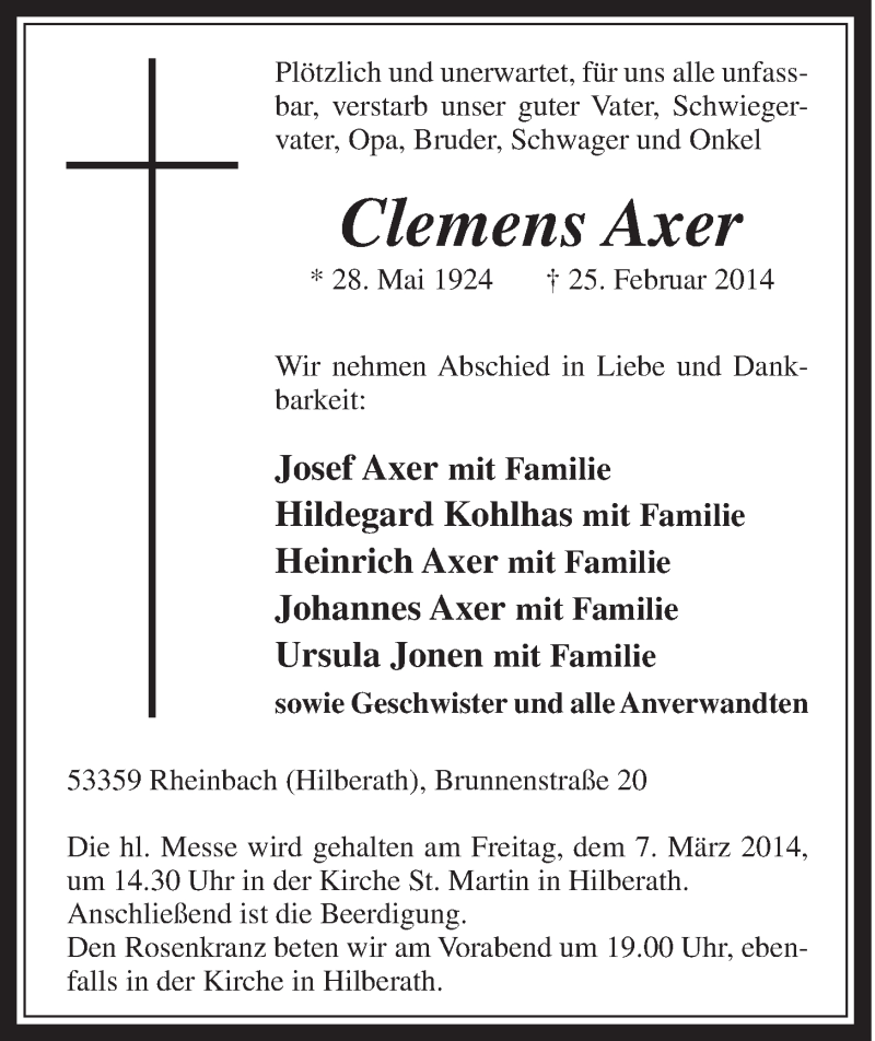  Traueranzeige für Clemens Axer vom 05.03.2014 aus  Schaufenster/Blickpunkt 