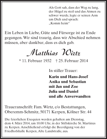 Anzeige von Matthias Wirtz von  Sonntags-Post 