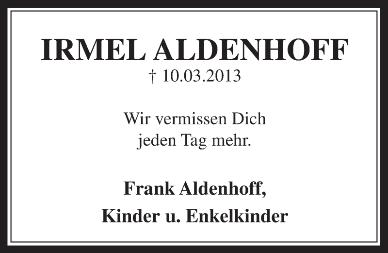  Traueranzeige für Irmel Aldenhoff vom 12.03.2014 aus  Wochenende 