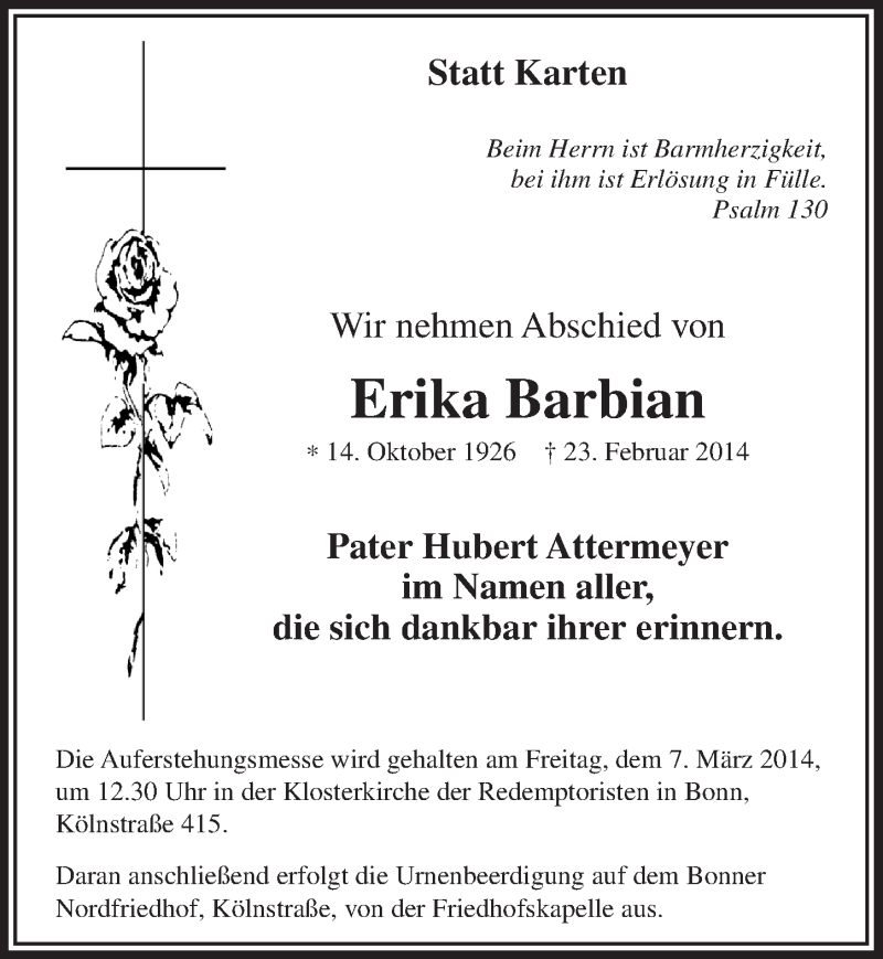  Traueranzeige für Erika Barbian vom 01.03.2014 aus  Schaufenster/Blickpunkt am Wochenende 