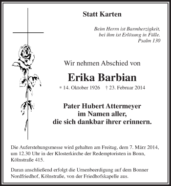 Anzeige von Erika Barbian von  Schaufenster/Blickpunkt am Wochenende 