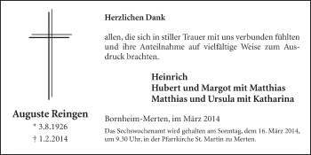 Anzeige von Auguste Reingen von  Schlossbote/Werbekurier 
