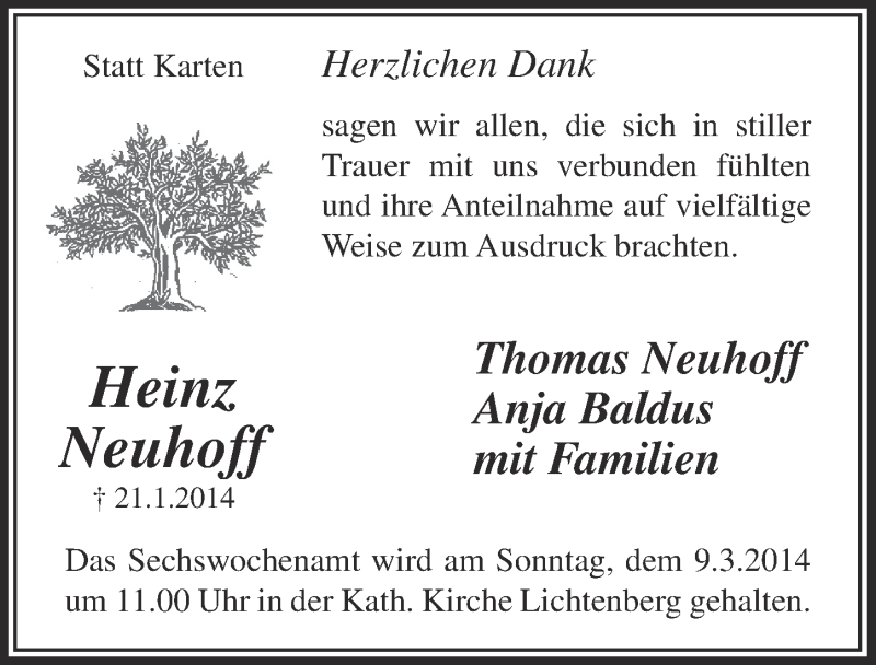  Traueranzeige für Heinz Neuhoff vom 05.03.2014 aus  Lokalanzeiger 