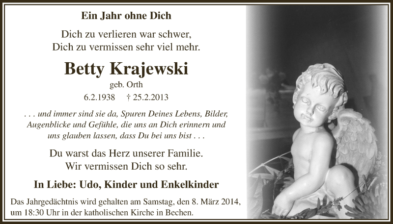  Traueranzeige für Betty Krajewski vom 05.03.2014 aus  Bergisches Handelsblatt 