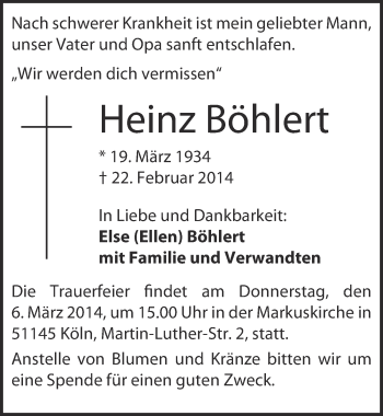Anzeige von Heinz Böhlert von  Kölner Wochenspiegel 