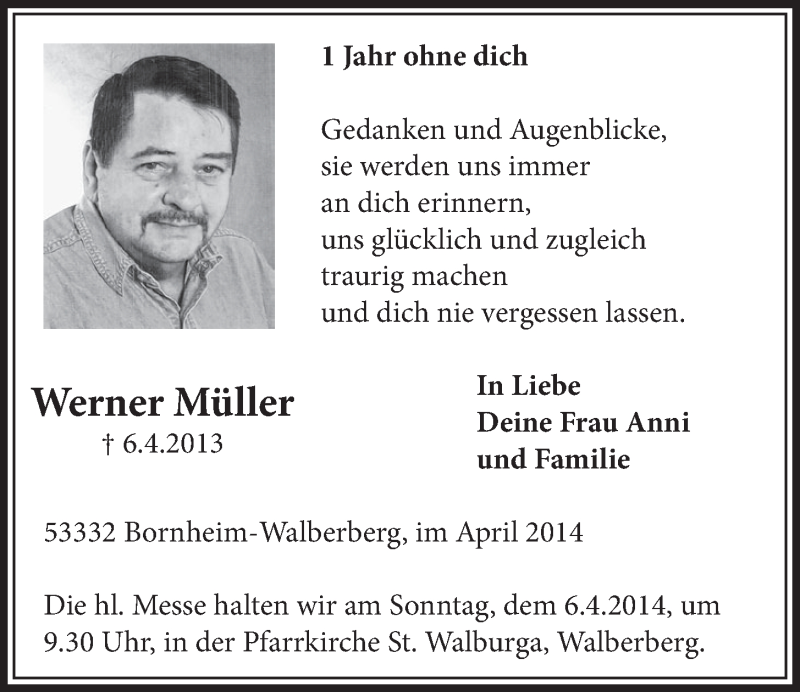 Traueranzeige für Werner Müller vom 26.03.2014 aus  Schlossbote/Werbekurier 
